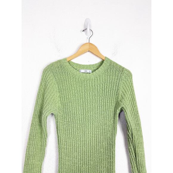 Mango Pistachio Knit Ribbed Long Sleeve Midi Dress Size Large Stretch Vacation - Picture 4 of 13